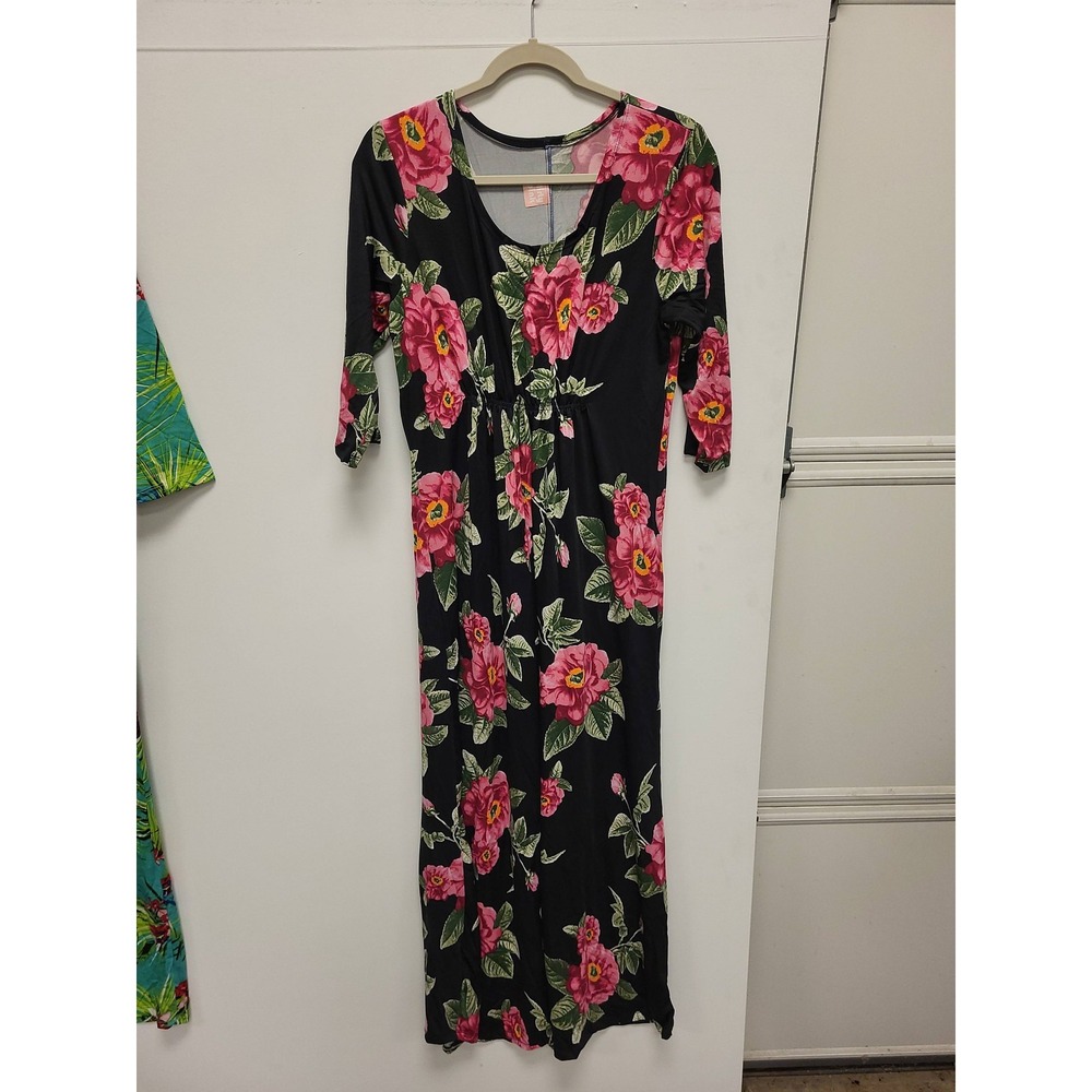 Flirty Pink Dress 1X Floral Maxi Black Pink Flowers Print‎ Womens Plus Size Gown